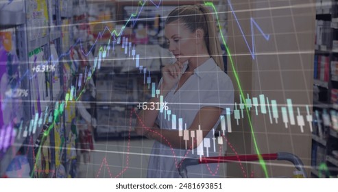 Image of data processing over caucasian woman in shop. global business, shopping and digital interface concept digitally generated image. - Powered by Shutterstock - Get 15% off with code: PIKWIZARD15