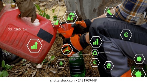 Image of data processing over caucasian worker with bottle of petrol. National petroleum day and digital interface concept digitally generated image. - Powered by Shutterstock - Get 15% off with code: PIKWIZARD15