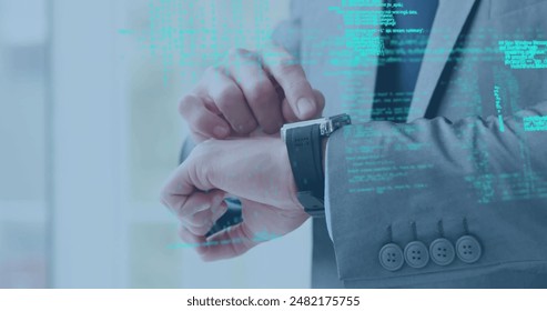 Image of data processing over caucasian man using smartwatch. Global technology, communication and digital interface concept digitally generated image. - Powered by Shutterstock