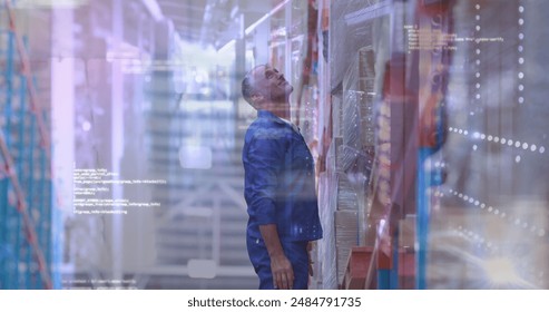 Image of data processing over caucasian worker in warehouse. Global business and digital interface concept digitally generated image.