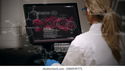 Image of data processing over caucasian female doctor using computer. Global medicine and digital interface concept digitally generated image.