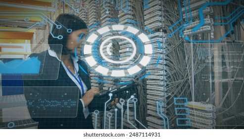 Image of data processing over caucasian woman checking computer wires. image of data processing over caucasian woman checking computer wires.