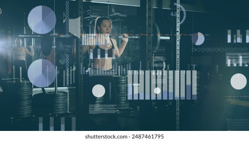 Image of data processing over caucasian woman lifting weights at gym. Global sport, computing and digital interface concept digitally generated image.