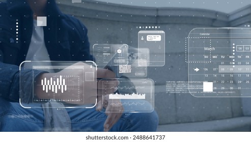 Image of data processing over caucasian man using smartphone. Global artificial intelligence, connections, computing and data processing concept digitally generated image.