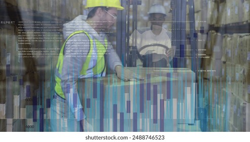 Image of data processing over caucasian male worker stacking a box on forklift at warehouse. Logistics business and technology concept
