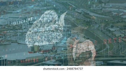 Image of data processing over caucasian girl with vr headset. global business and digital interface concept digitally generated image.