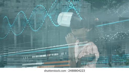 Image of data processing over caucasian girl with vr headset. global business and digital interface concept digitally generated image.