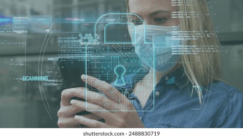 Image of data processing over caucasian women wearing face mask using smartphone. Global science, connections, data processing and digital interface concept digitally generated image.