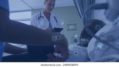 Image of data processing over caucasian female doctor with patient. Global medicine and digital interface concept digitally generated image.