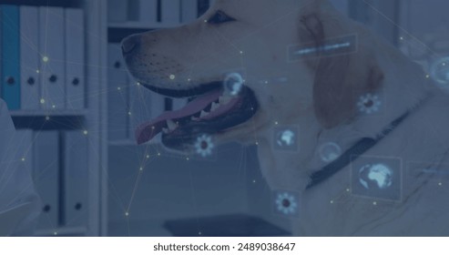 Image of data processing over caucasian male doctor with dog. Global medicine and digital interface concept digitally generated image. - Powered by Shutterstock