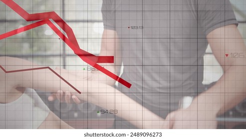 Image of data processing over caucasian sports woman exercising with instructor. Global business, sport and digital interface concept digitally generated image.