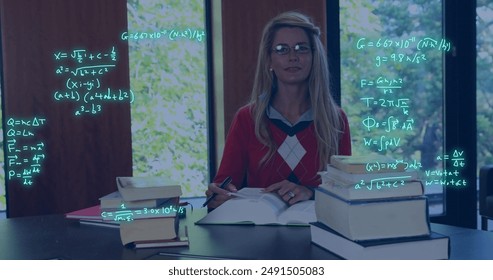Image of data processing over caucasian female student. Global education, learning, school, digital interface and data processing concept digitally generated image.