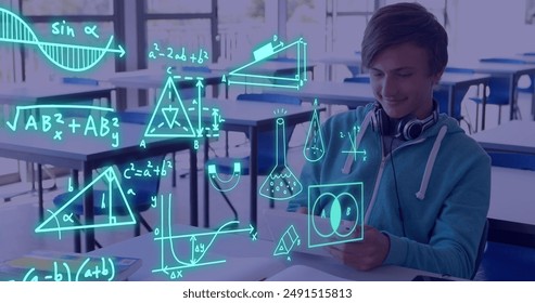 Image of data processing over caucasian male student. Global education, learning, school, digital interface and data processing concept digitally generated image.