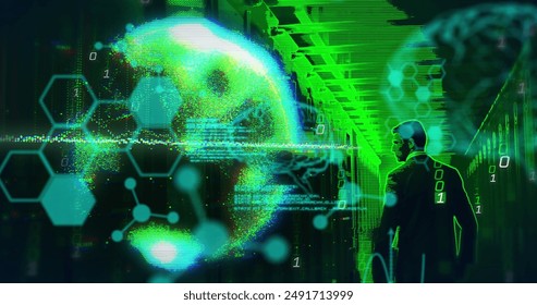 Image of data processing over caucasian man by computer servers. Global computing, digital interface and data processing concept digitally generated image.