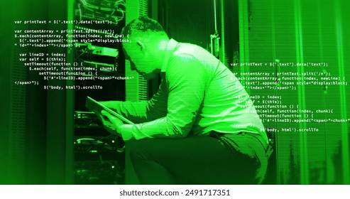Image of data processing over caucasian male it technician by computer servers. Global computing, digital interface and data processing concept digitally generated image.