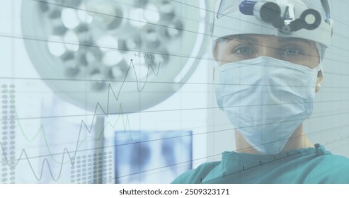 Image of data processing over caucasian male surgeon. Global medicine, connections, computing and data processing concept digitally generated image.