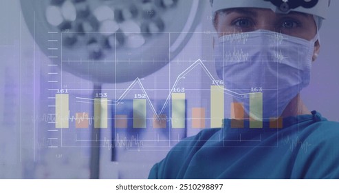 Image of data processing over caucasian male surgeon. Global medicine, connections, computing and data processing concept digitally generated image.