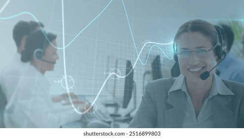 Image of data processing over caucasian businesswoman using phone headset and computer. Global business, finances, communication and digital interface concept digitally generated image.