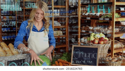 Image of data processing over caucasian woman grocery shopping. Global shopping, business, connections, computing and data processing concept digitally generated image.