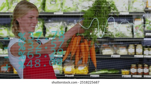 Image of data processing over caucasian woman grocery shopping. Global shopping, business, connections, computing and data processing concept digitally generated image.