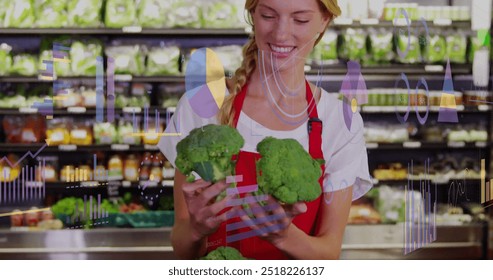 Image of data processing over caucasian woman grocery shopping. Global shopping, business, connections, computing and data processing concept digitally generated image.