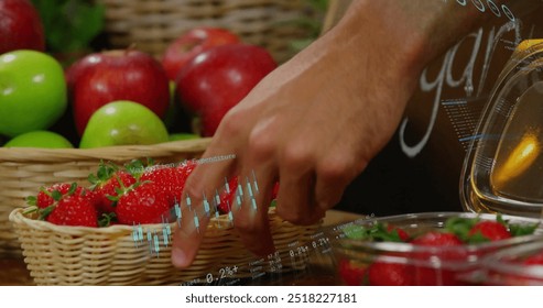 Image of data processing over caucasian man grocery shopping. Global shopping, business, connections, computing and data processing concept digitally generated image.