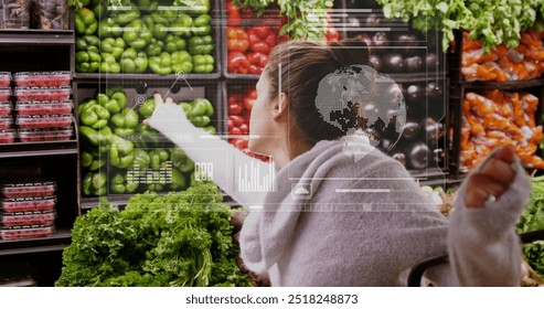 Image of data processing over caucasian woman grocery shopping. Global shopping, business, connections, computing and data processing concept digitally generated image.