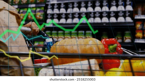 Image of data processing over caucasian man grocery shopping. Global shopping, business, connections, computing and data processing concept digitally generated image.