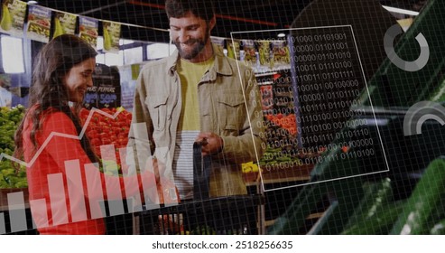 Image of data processing over caucasian couple grocery shopping. Global shopping, business, connections, computing and data processing concept digitally generated image. - Powered by Shutterstock - Get 15% off with code: PIKWIZARD15