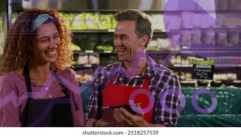 Image of data processing over caucasian couple grocery shopping. Global shopping, business, connections, computing and data processing concept digitally generated image.