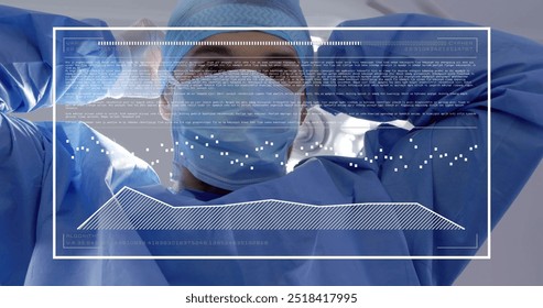 Image of data processing over caucasian male surgeon wearing face mask. Global medicine and digital interface concept digitally generated image.