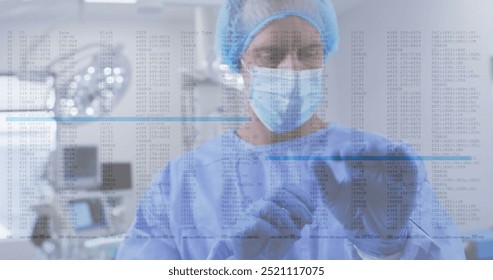 Image of data processing over caucasian male surgeon with face mask. Technology, medicine and digital interface concept digitally generated image.