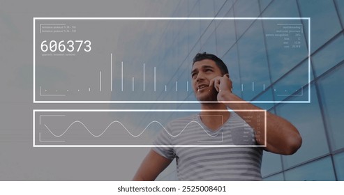 Image of data processing over caucasian man using smartphone. Global finance, business, connections, computing and data processing concept digitally generated image.