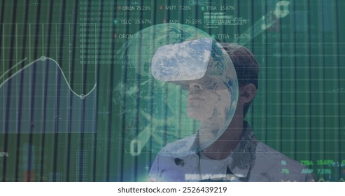 Image of data processing over caucasian man with vr headset. global technology and digital interface concept digitally generated image.