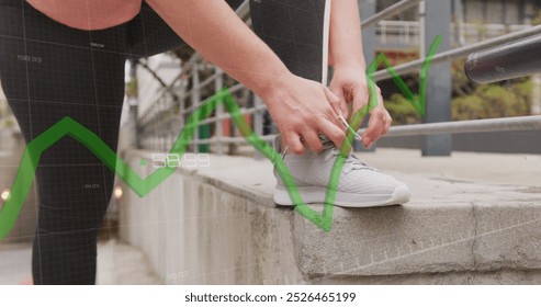 Image of data processing over caucasian woman exercising and tying shoe laces. Global sports, active lifestyle, computing and data processing concept digitally generated image. - Powered by Shutterstock