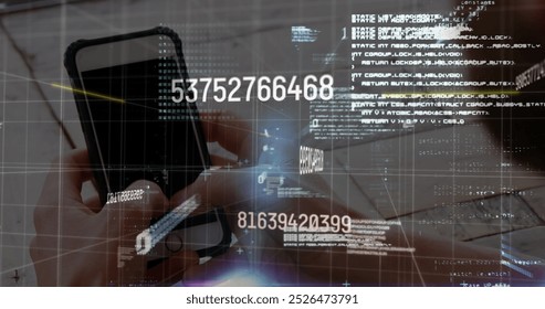 Image of data processing over caucasian man using smartphone. Global business and digital interface concept digitally generated image.