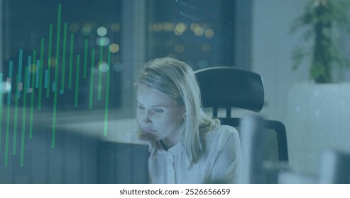 Image of data processing over caucasian businesswoman in office. Global business and digital interface concept digitally generated image. - Powered by Shutterstock