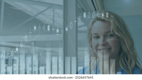 Image of data processing over caucasian businesswoman in office. Global business and digital interface concept digitally generated image.