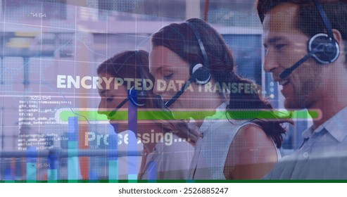 Image of data processing over caucasian business people in office. Global business and digital interface concept digitally generated image.