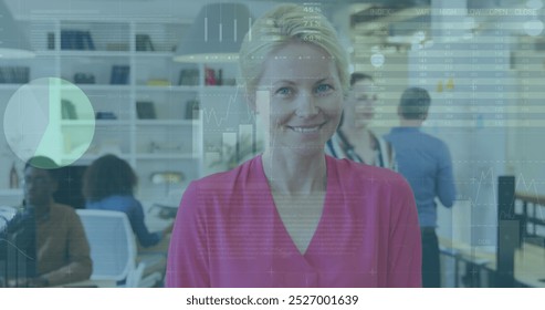 Image of data processing over caucasian businesswoman in office. global business, computing and digital interface concept digitally generated image.