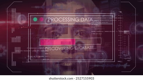 Image of data processing over caucasian woman face and black background. Global data processing, digital screen and technology concept digitally generated image.