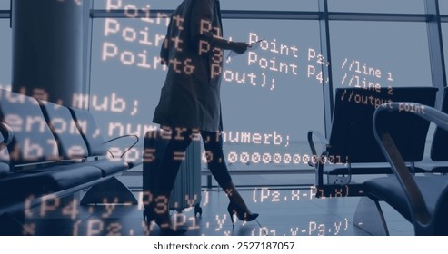 Image of data processing over caucasian businesswoman with luggage and smartphone at airport. Network, communication, business and technology concept digitally generated image. - Powered by Shutterstock - Get 15% off with code: PIKWIZARD15