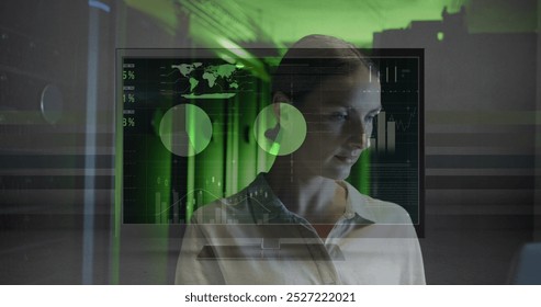 Image of data processing over caucasian female worker in server room. Global business and digital interface concept digitally generated image.