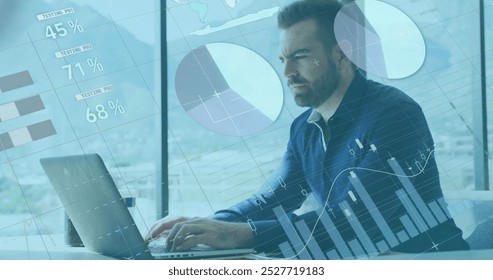 Image of data processing over caucasian businessman using laptop. global business, finances, connections and digital interface concept digitally generated image.