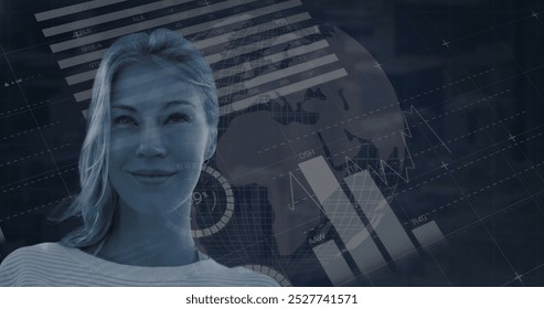 Image of data processing over caucasian woman. Global business and digital interface concept digitally generated image.
