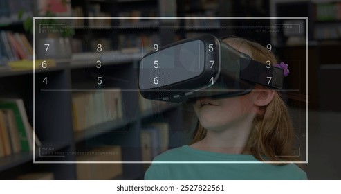 Image of data processing over caucasian schoolgirl using vr headset. Global education and digital interface concept digitally generated image.