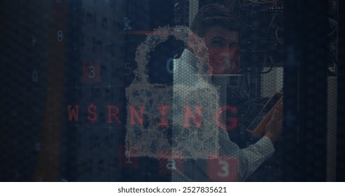 Image of data processing over caucasian server room worker. Global business, finances, digital interface and connections concept digitally generated image.