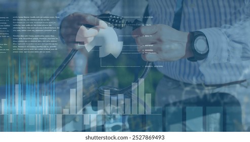 Image of data processing over caucasian man with lock. global business, finances, connections and digital interface concept digitally generated image.