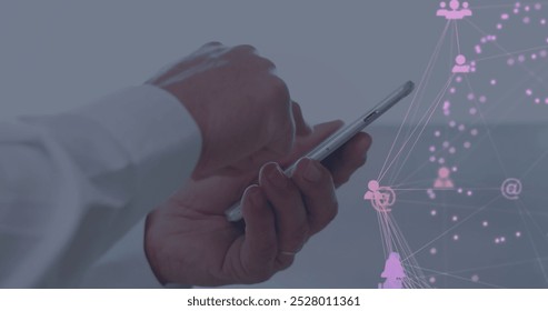 Image of data processing over caucasian businessman using smartphone. Global business and digital interface concept digitally generated image.