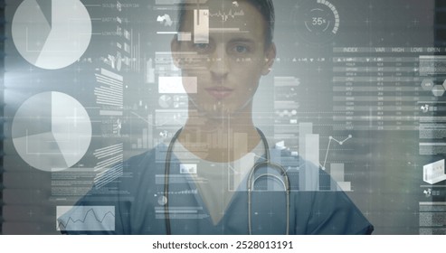 Image of data processing over caucasian male doctor smiling. Global medicine and digital interface concept digitally generated image.
